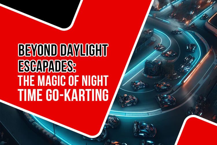 Exciting night time go-karting under the vibrant glow of track lights, providing a thrilling and adventurous experience.